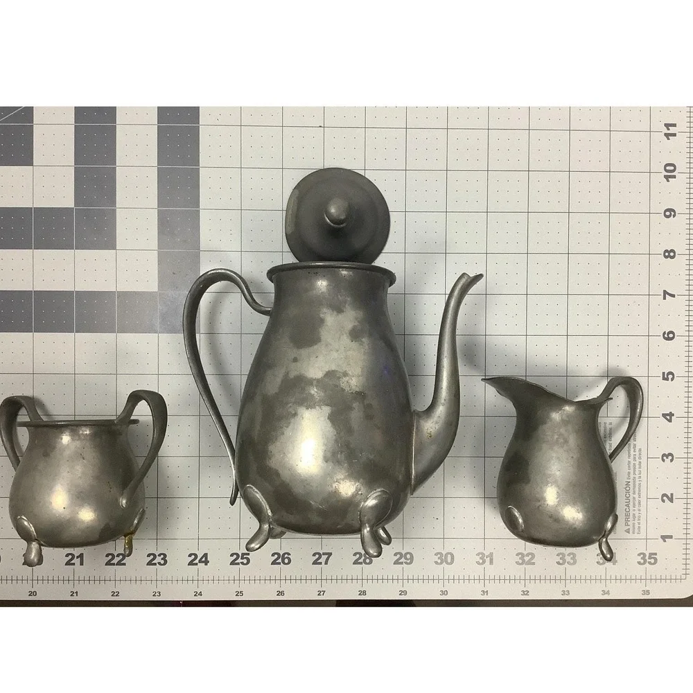 Vintage Pewter Tea Set Footed Teapot Creamer Sugar Bowl Colonial Style 3 Piece